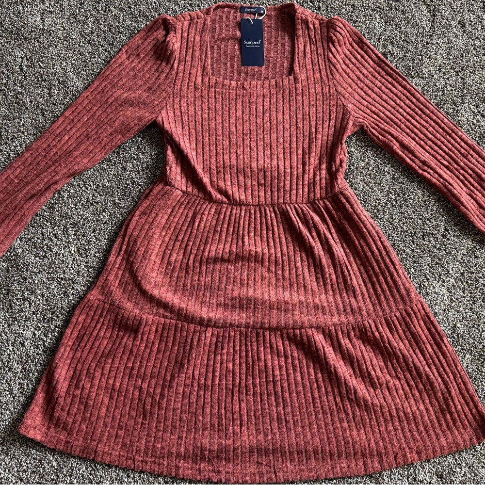 NEW Sampeel Womens Square Neck Long Sleeve Fall  Babydoll Sweater Dress size M